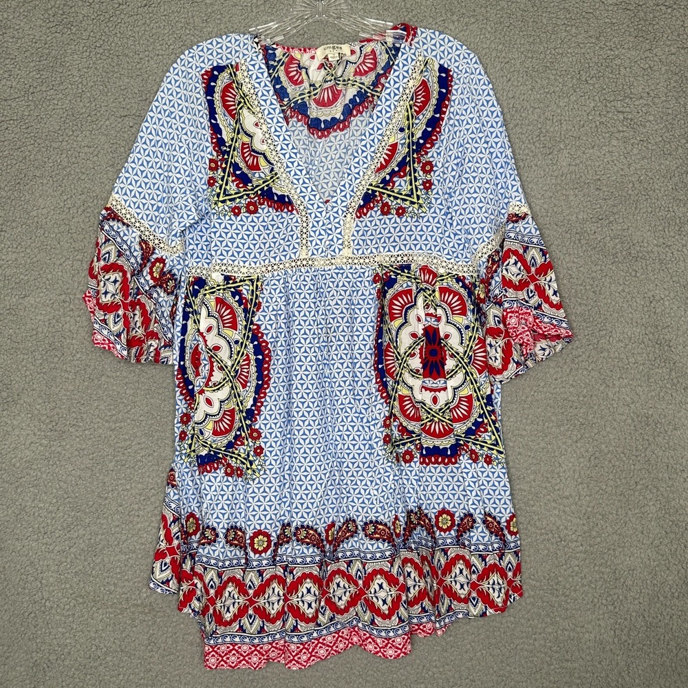 Umgee Boho Tunic Top S Blue Red Paisley Print 3/4 Sleeve Festival Loose Fit